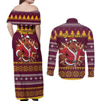 Jingle Broncos Jump Personalized Couples Matching Off Shoulder Maxi Dress and Long Sleeve Button Shirt Christmas Rugby League Spirit - Aussie Hoodie