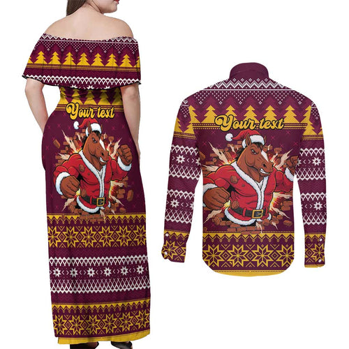 Jingle Broncos Jump Personalized Couples Matching Off Shoulder Maxi Dress and Long Sleeve Button Shirt Christmas Rugby League Spirit - Aussie Hoodie
