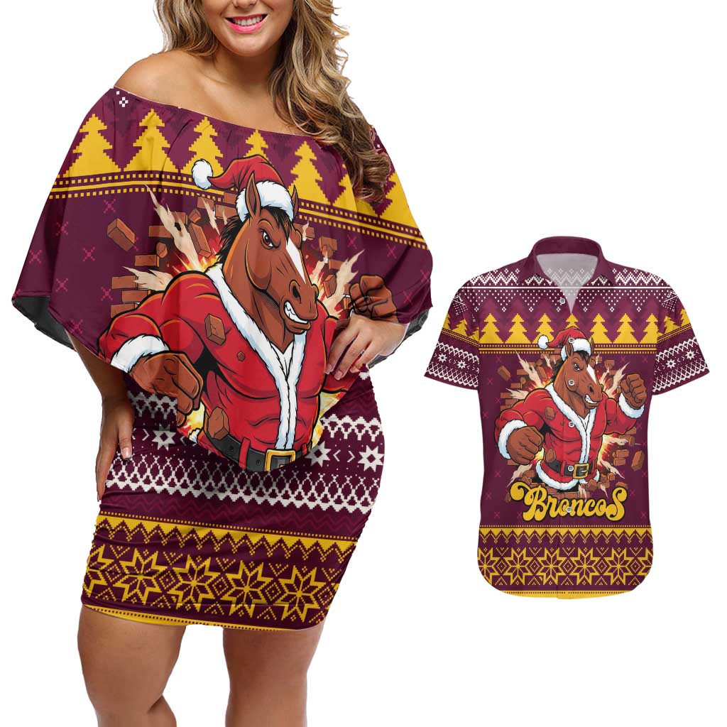 Jingle Broncos Jump Personalized Couples Matching Off Shoulder Short Dress and Hawaiian Shirt Christmas Rugby League Spirit - Aussie Hoodie
