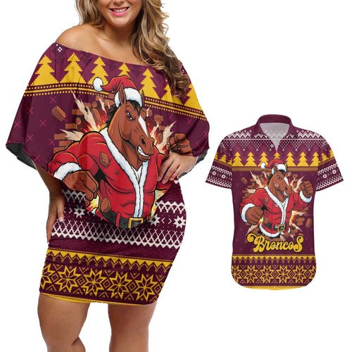 Jingle Broncos Jump Personalized Couples Matching Off Shoulder Short Dress and Hawaiian Shirt Christmas Rugby League Spirit - Aussie Hoodie