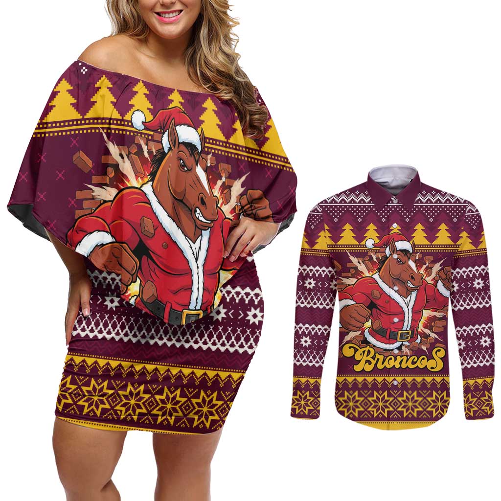 Jingle Broncos Jump Personalized Couples Matching Off Shoulder Short Dress and Long Sleeve Button Shirt Christmas Rugby League Spirit - Aussie Hoodie