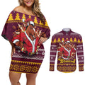 Jingle Broncos Jump Personalized Couples Matching Off Shoulder Short Dress and Long Sleeve Button Shirt Christmas Rugby League Spirit - Aussie Hoodie