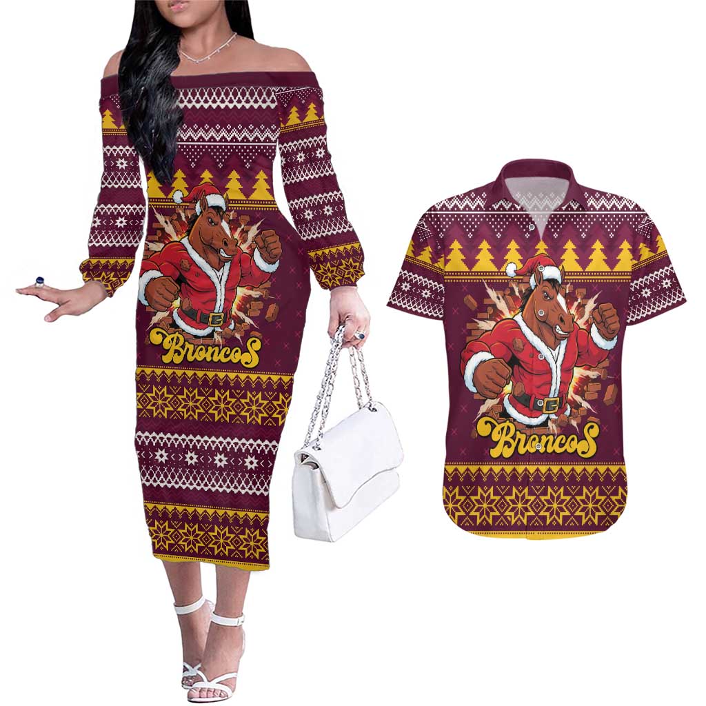 Jingle Broncos Jump Personalized Couples Matching Off The Shoulder Long Sleeve Dress and Hawaiian Shirt Christmas Rugby League Spirit - Aussie Hoodie