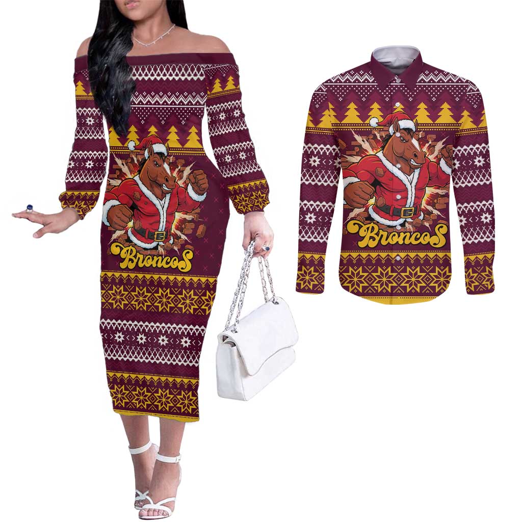 Jingle Broncos Jump Personalized Couples Matching Off The Shoulder Long Sleeve Dress and Long Sleeve Button Shirt Christmas Rugby League Spirit - Aussie Hoodie