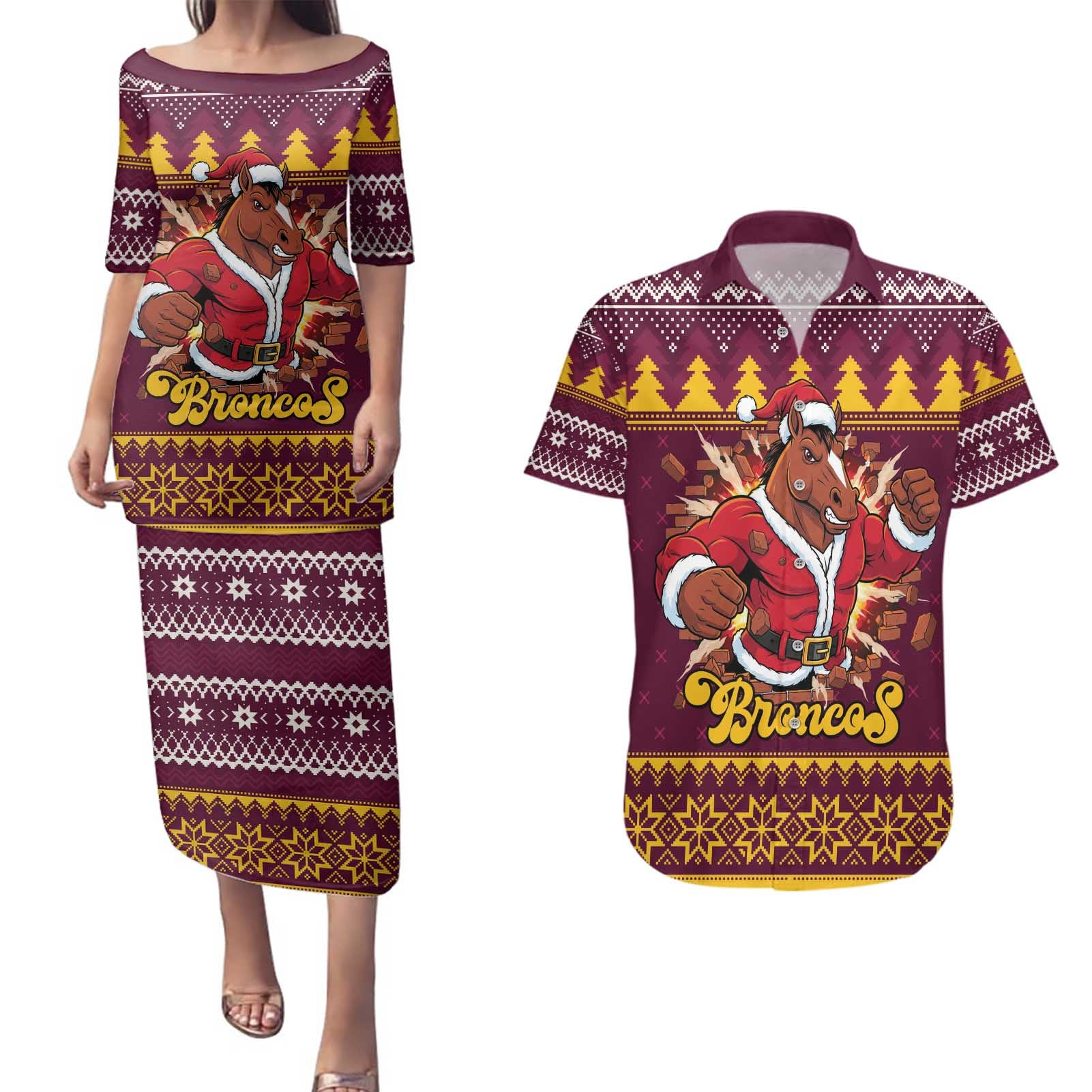 Jingle Broncos Jump Personalized Couples Matching Puletasi and Hawaiian Shirt Christmas Rugby League Spirit - Aussie Hoodie