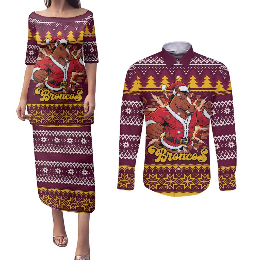 Jingle Broncos Jump Personalized Couples Matching Puletasi and Long Sleeve Button Shirt Christmas Rugby League Spirit - Aussie Hoodie