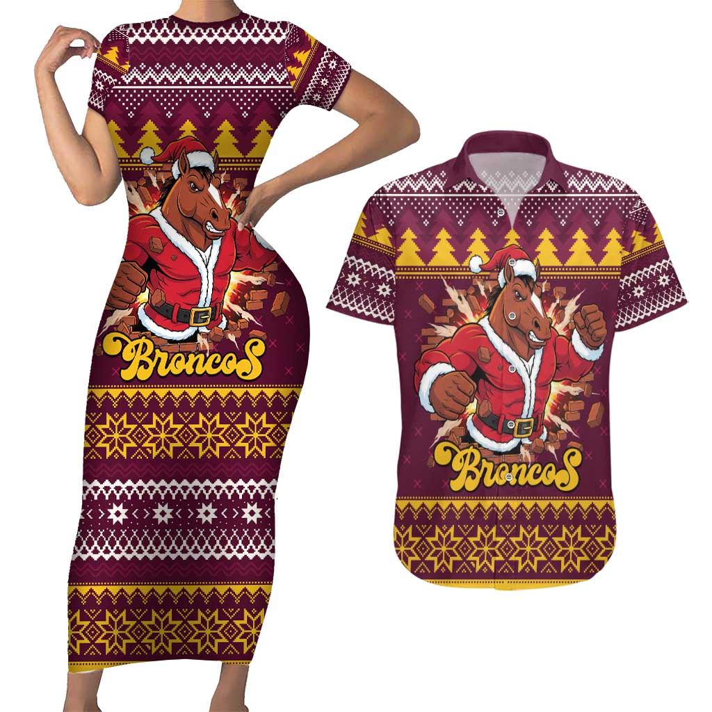 Jingle Broncos Jump Personalized Couples Matching Short Sleeve Bodycon Dress and Hawaiian Shirt Christmas Rugby League Spirit - Aussie Hoodie
