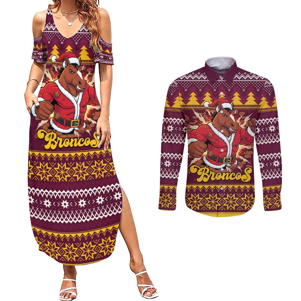 Jingle Broncos Jump Personalized Couples Matching Summer Maxi Dress and Long Sleeve Button Shirt Christmas Rugby League Spirit - Aussie Hoodie