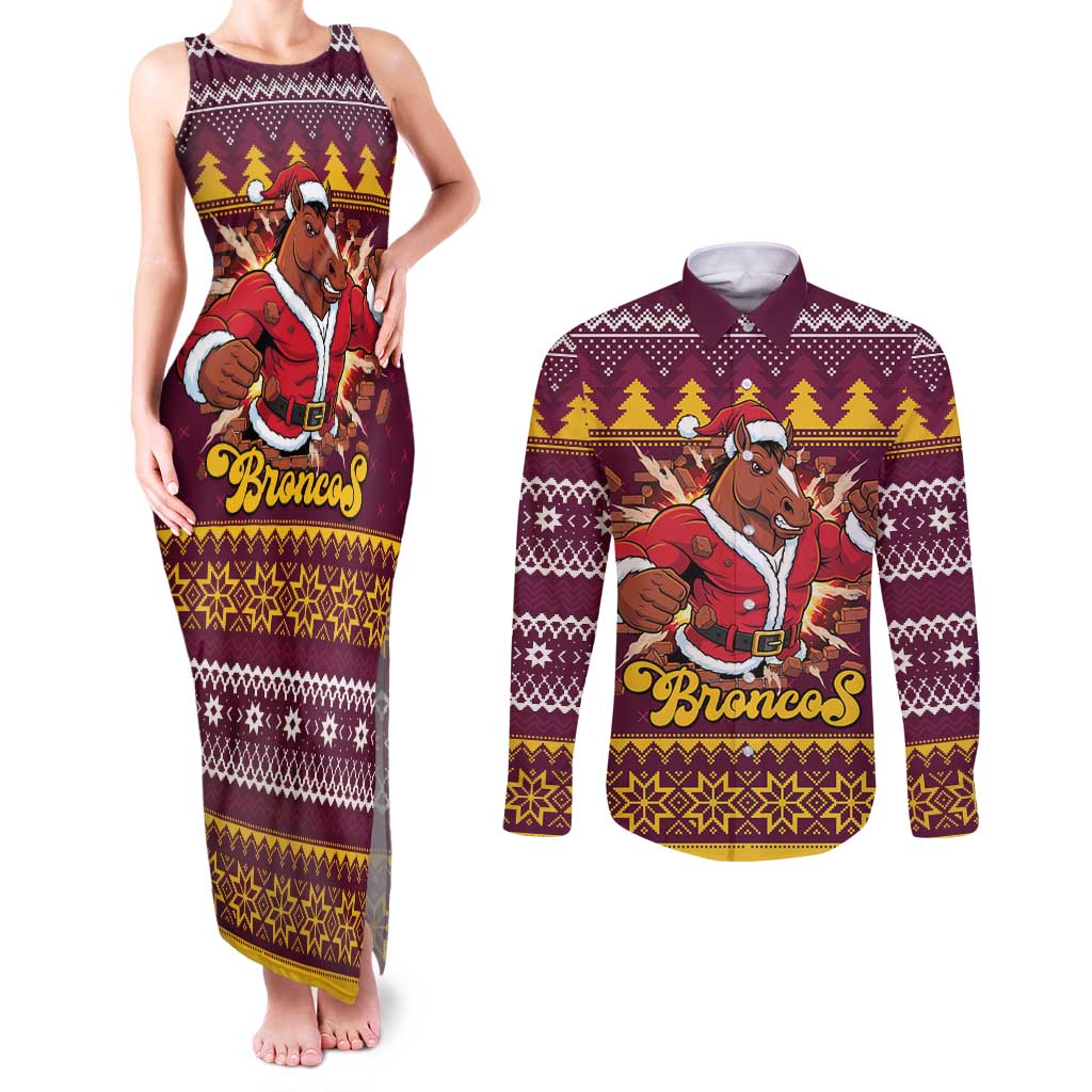 Jingle Broncos Jump Personalized Couples Matching Tank Maxi Dress and Long Sleeve Button Shirt Christmas Rugby League Spirit - Aussie Hoodie
