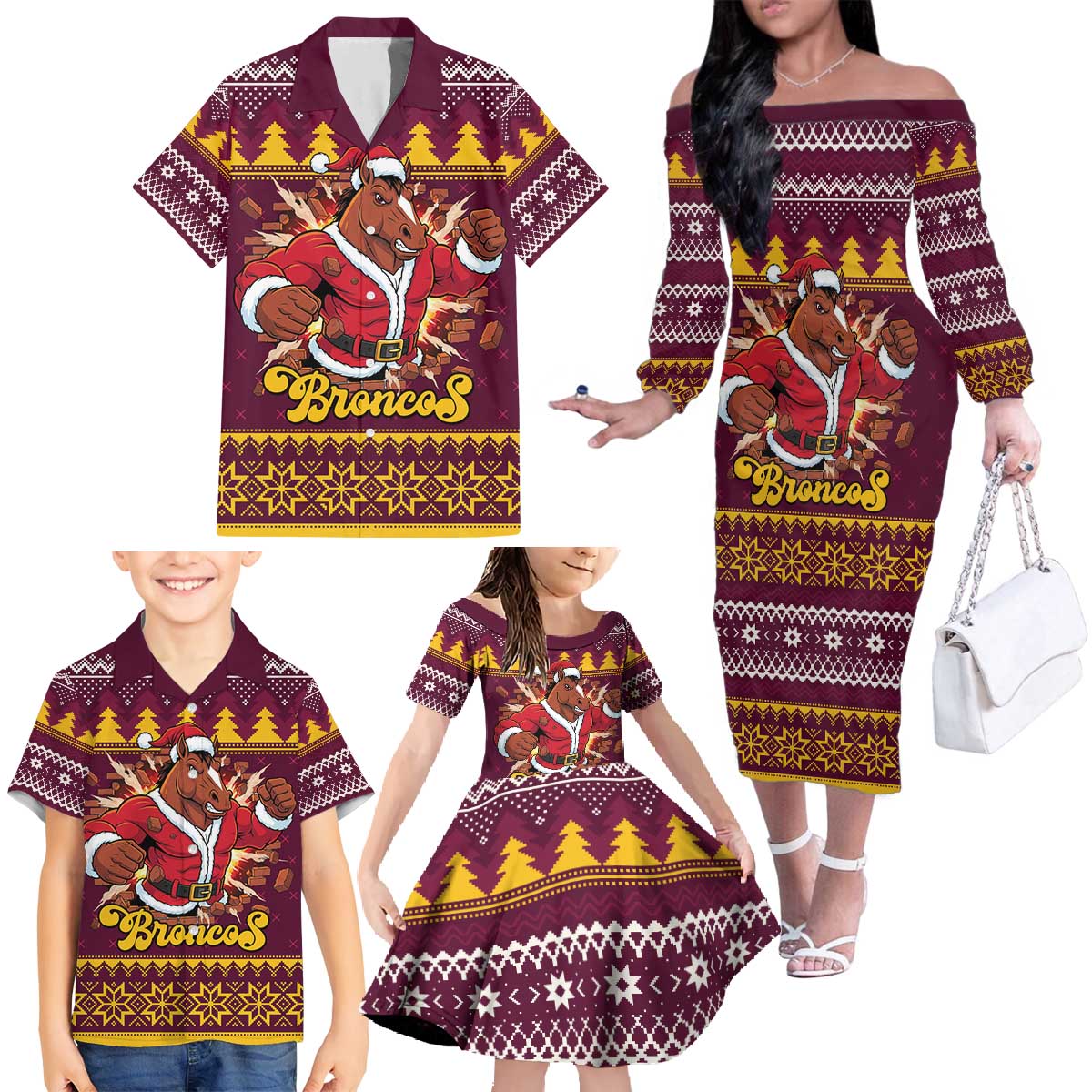 Jingle Broncos Jump Personalized Family Matching Off The Shoulder Long Sleeve Dress and Hawaiian Shirt Christmas Rugby League Spirit - Aussie Hoodie