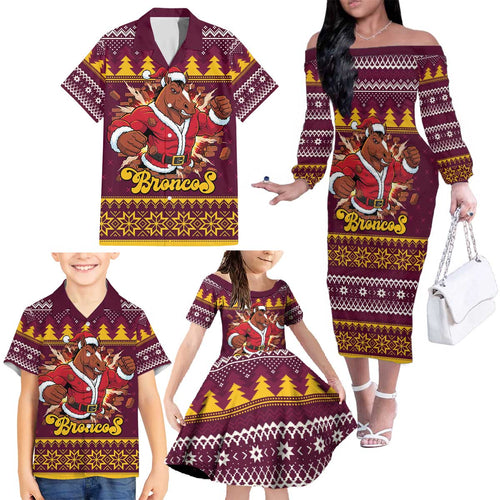 Jingle Broncos Jump Personalized Family Matching Off The Shoulder Long Sleeve Dress and Hawaiian Shirt Christmas Rugby League Spirit - Aussie Hoodie