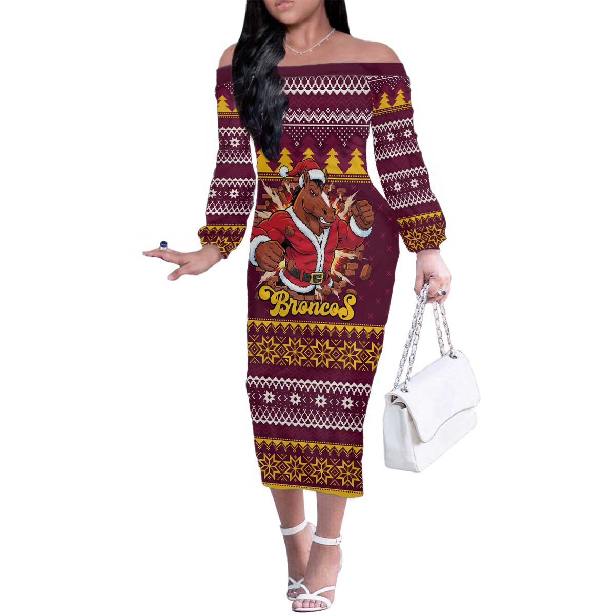 Jingle Broncos Jump Personalized Family Matching Off The Shoulder Long Sleeve Dress and Hawaiian Shirt Christmas Rugby League Spirit - Aussie Hoodie