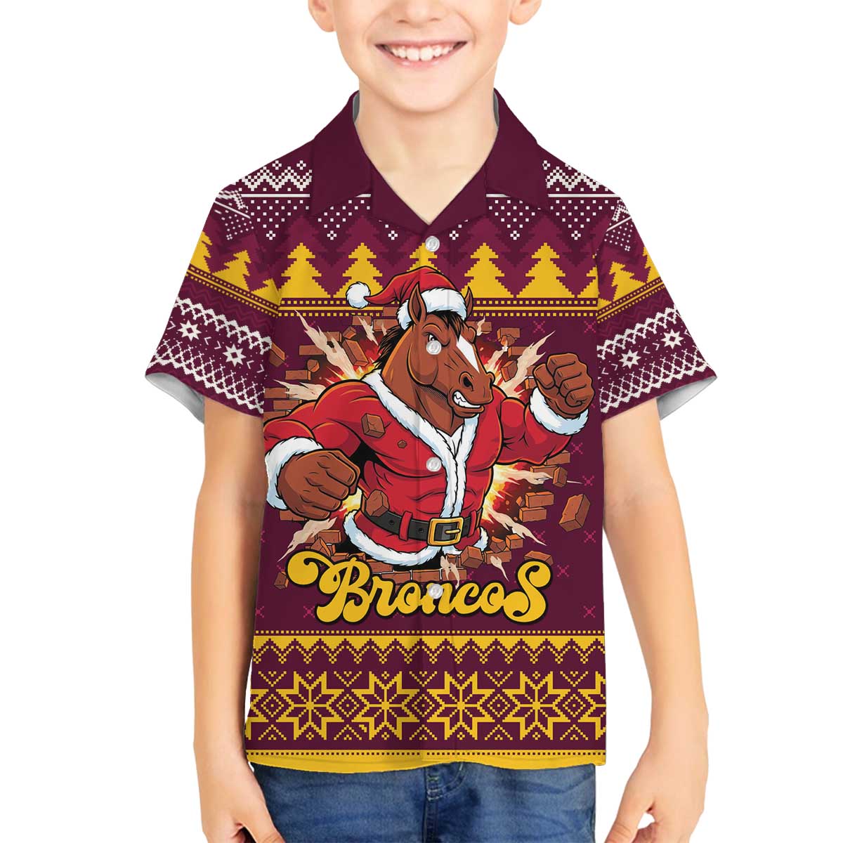 Jingle Broncos Jump Personalized Family Matching Off The Shoulder Long Sleeve Dress and Hawaiian Shirt Christmas Rugby League Spirit - Aussie Hoodie