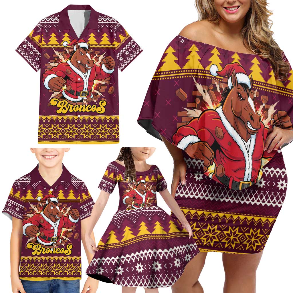 Jingle Broncos Jump Personalized Family Matching Off Shoulder Short Dress and Hawaiian Shirt Christmas Rugby League Spirit - Aussie Hoodie