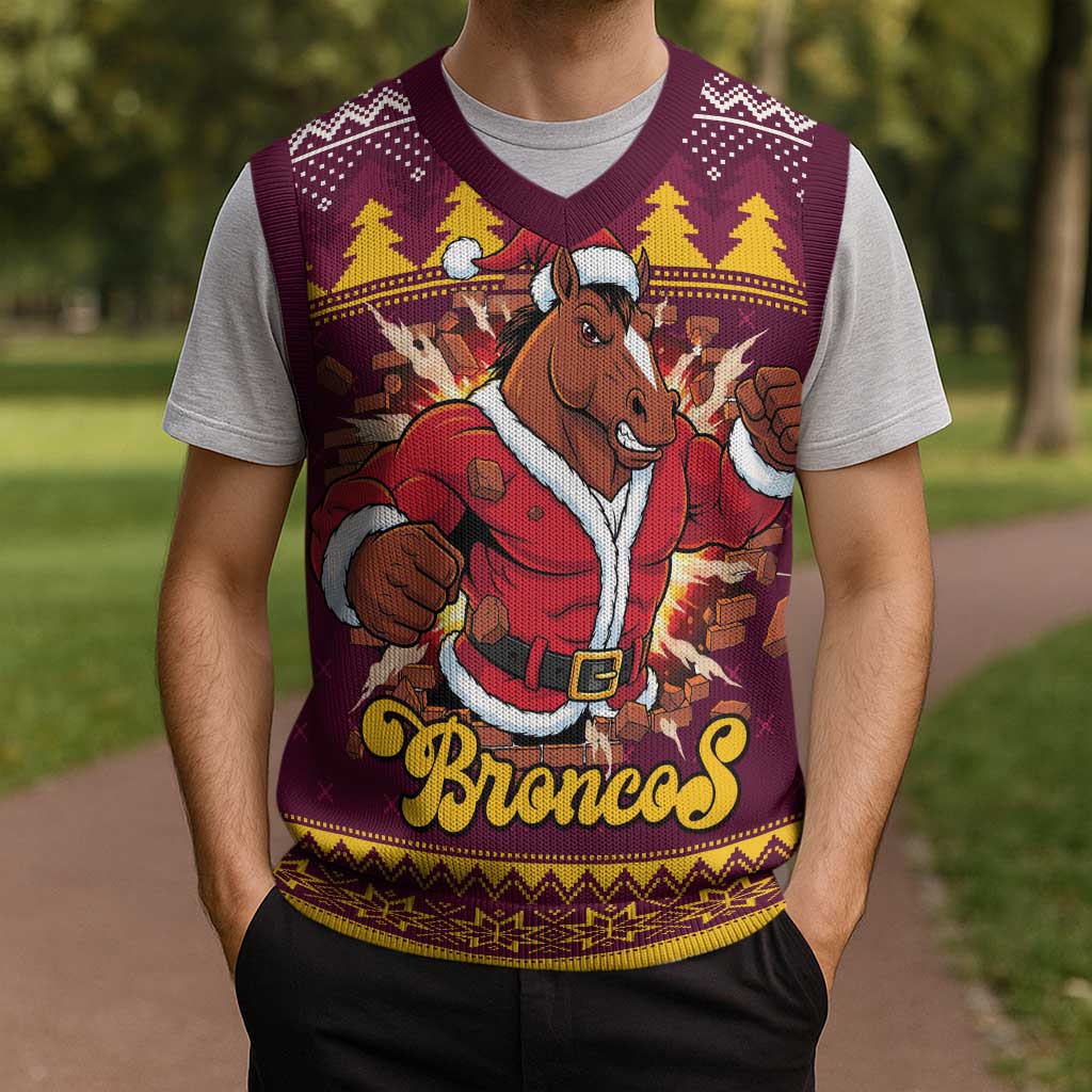 Jingle Broncos Jump Personalized Christmas Knitted V-Neck Vest Christmas Rugby League Spirit - Aussie Hoodie