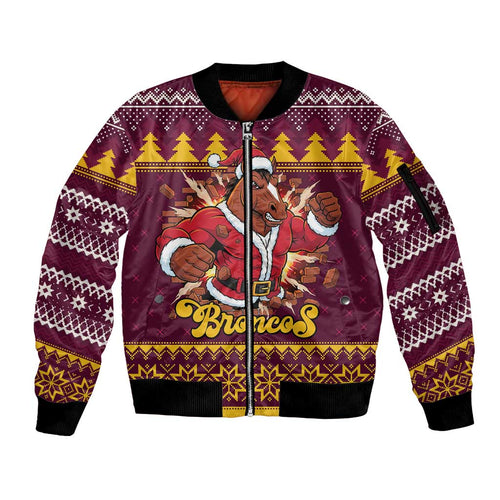 Jingle Broncos Jump Personalized Sleeve Zip Bomber Jacket Christmas Rugby League Spirit - Aussie Hoodie