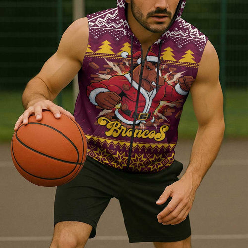 Jingle Broncos Jump Personalized Sleeveless Zip Hoodie Christmas Rugby League Spirit LT9