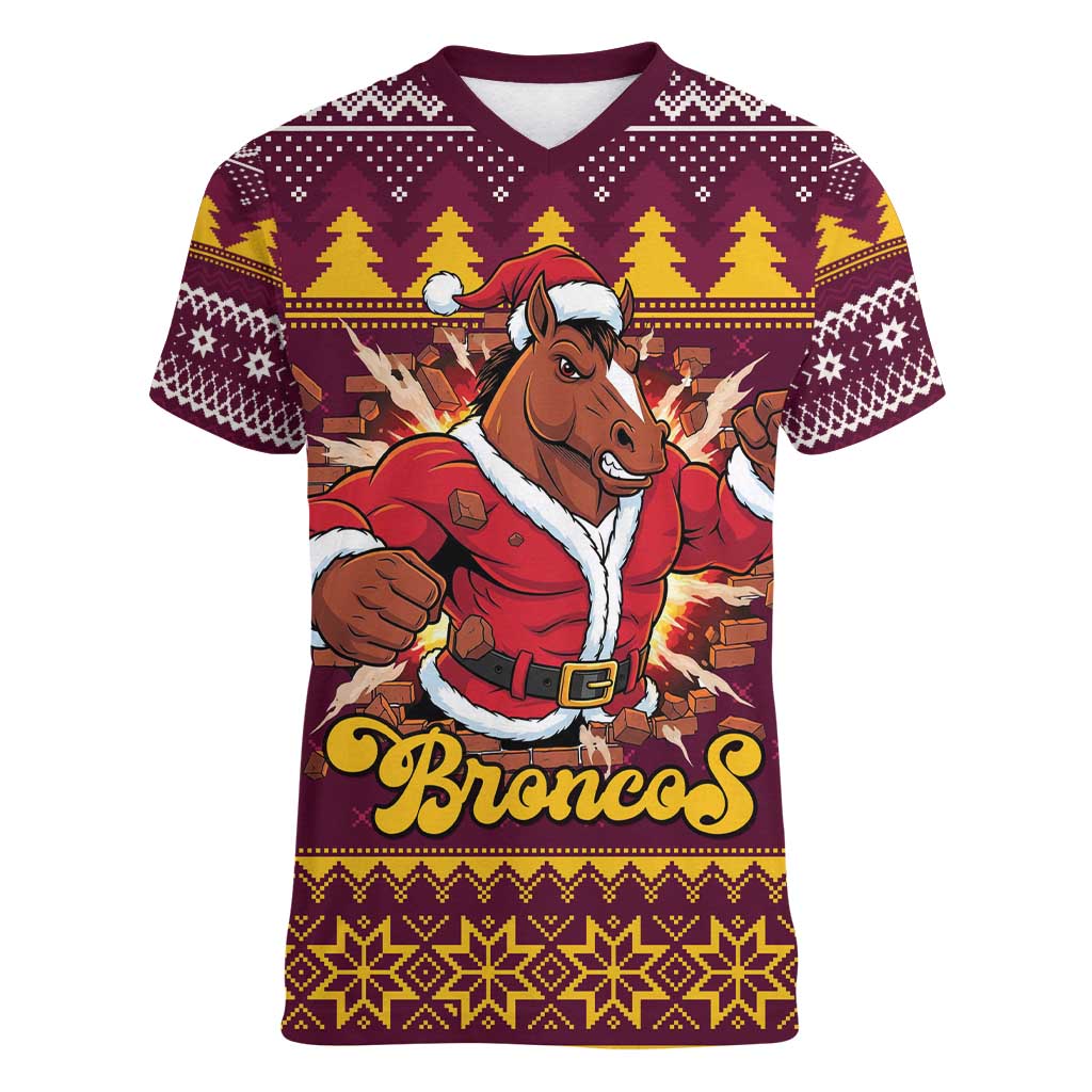 Jingle Broncos Jump Personalized Women V-Neck T-Shirt Christmas Rugby League Spirit - Aussie Hoodie