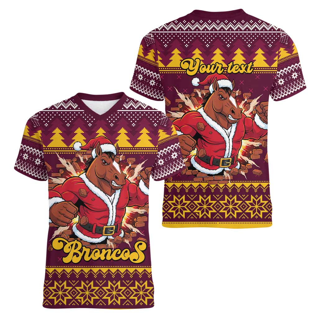 Jingle Broncos Jump Personalized Women V-Neck T-Shirt Christmas Rugby League Spirit - Aussie Hoodie