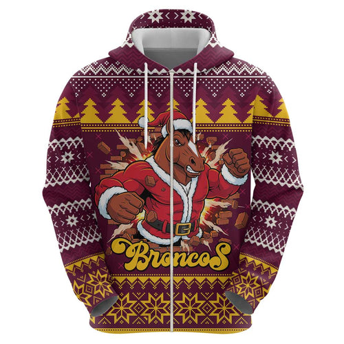 Jingle Broncos Jump Personalized Zip Hoodie Christmas Rugby League Spirit - Aussie Hoodie