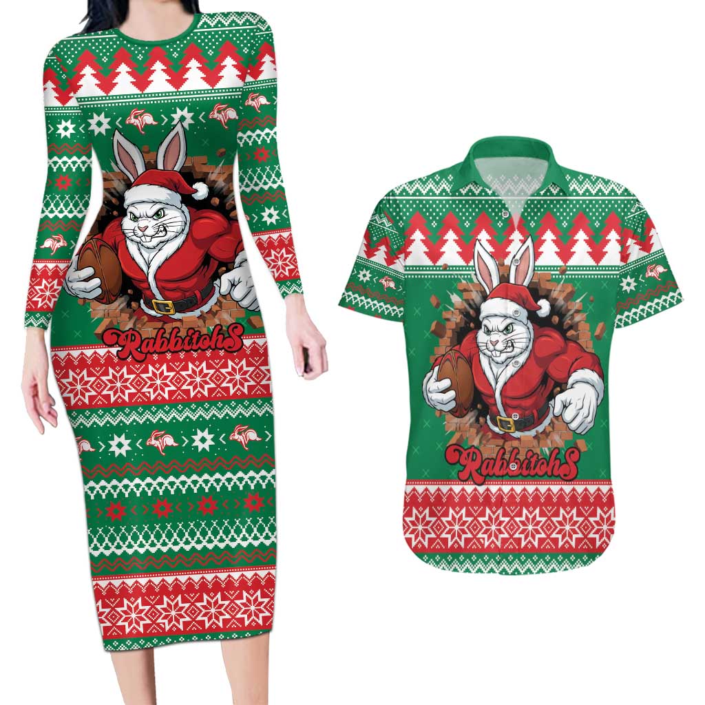 Jingle Rabbitohs Jump Personalized Couples Matching Long Sleeve Bodycon Dress and Hawaiian Shirt Christmas Rugby League Spirit - Aussie Hoodie