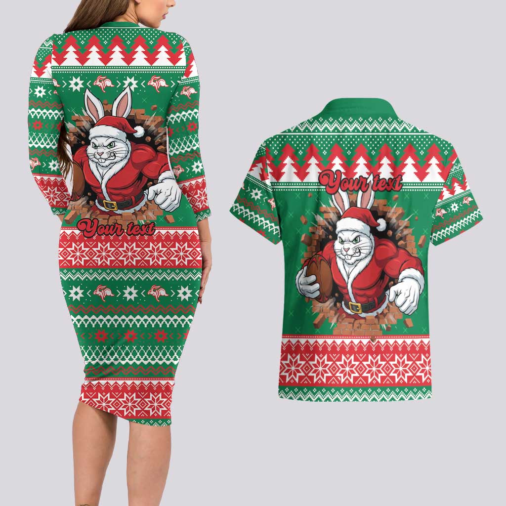 Jingle Rabbitohs Jump Personalized Couples Matching Long Sleeve Bodycon Dress and Hawaiian Shirt Christmas Rugby League Spirit - Aussie Hoodie
