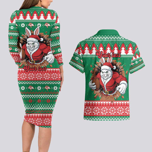 Jingle Rabbitohs Jump Personalized Couples Matching Long Sleeve Bodycon Dress and Hawaiian Shirt Christmas Rugby League Spirit - Aussie Hoodie