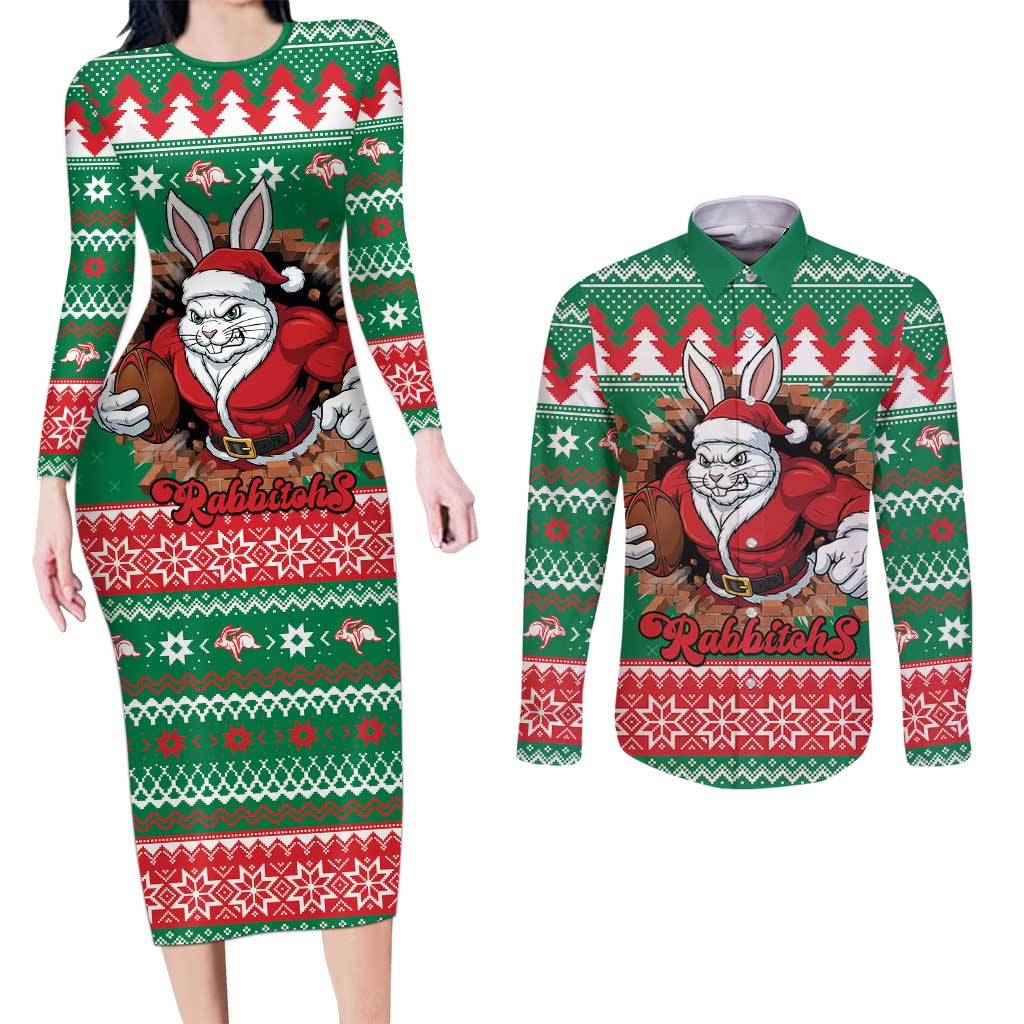 Jingle Rabbitohs Jump Personalized Couples Matching Long Sleeve Bodycon Dress and Long Sleeve Button Shirt Christmas Rugby League Spirit - Aussie Hoodie