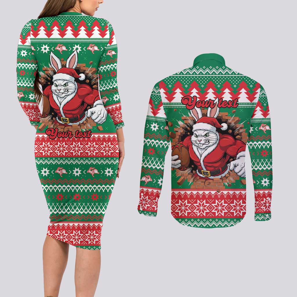 Jingle Rabbitohs Jump Personalized Couples Matching Long Sleeve Bodycon Dress and Long Sleeve Button Shirt Christmas Rugby League Spirit - Aussie Hoodie