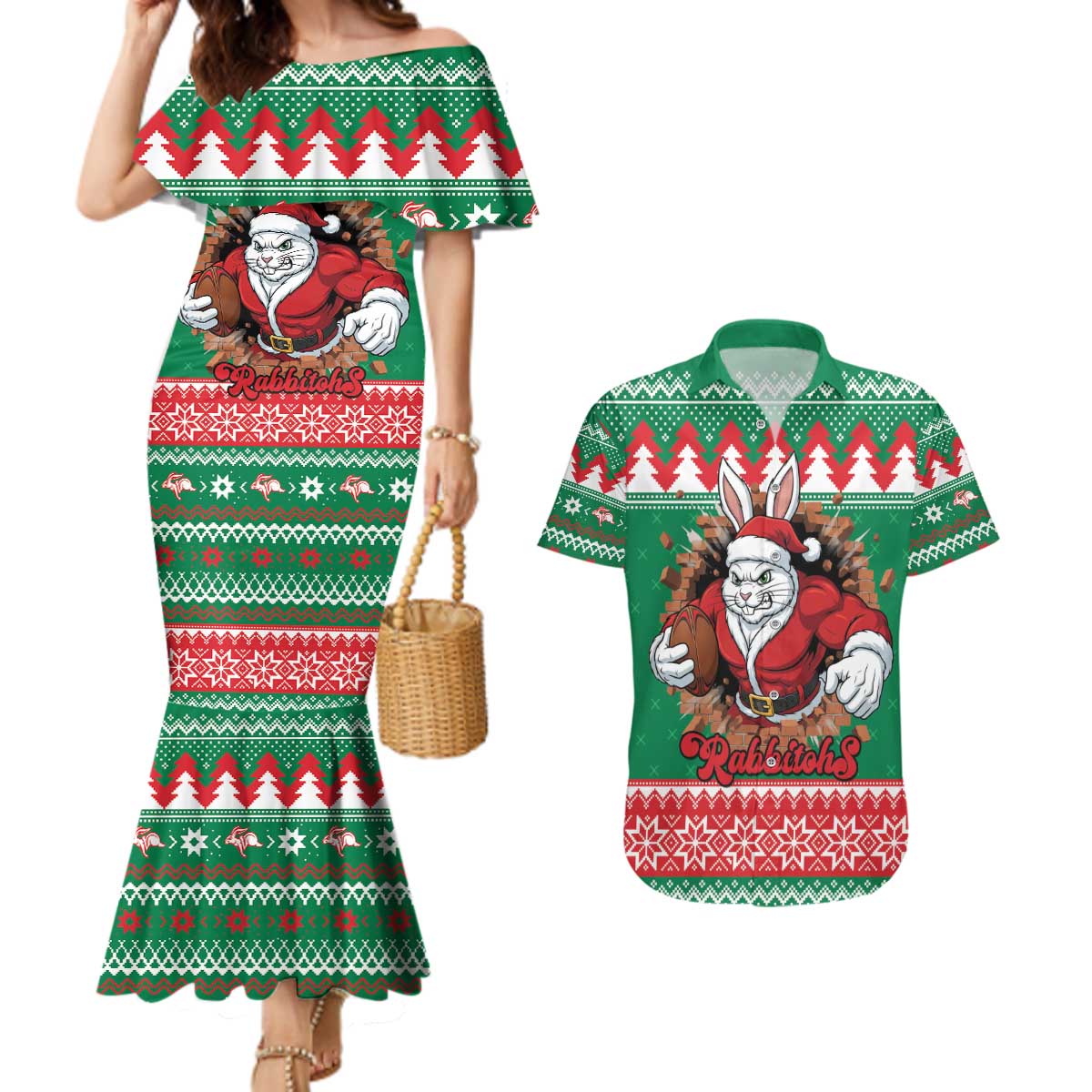 Jingle Rabbitohs Jump Personalized Couples Matching Mermaid Dress and Hawaiian Shirt Christmas Rugby League Spirit - Aussie Hoodie