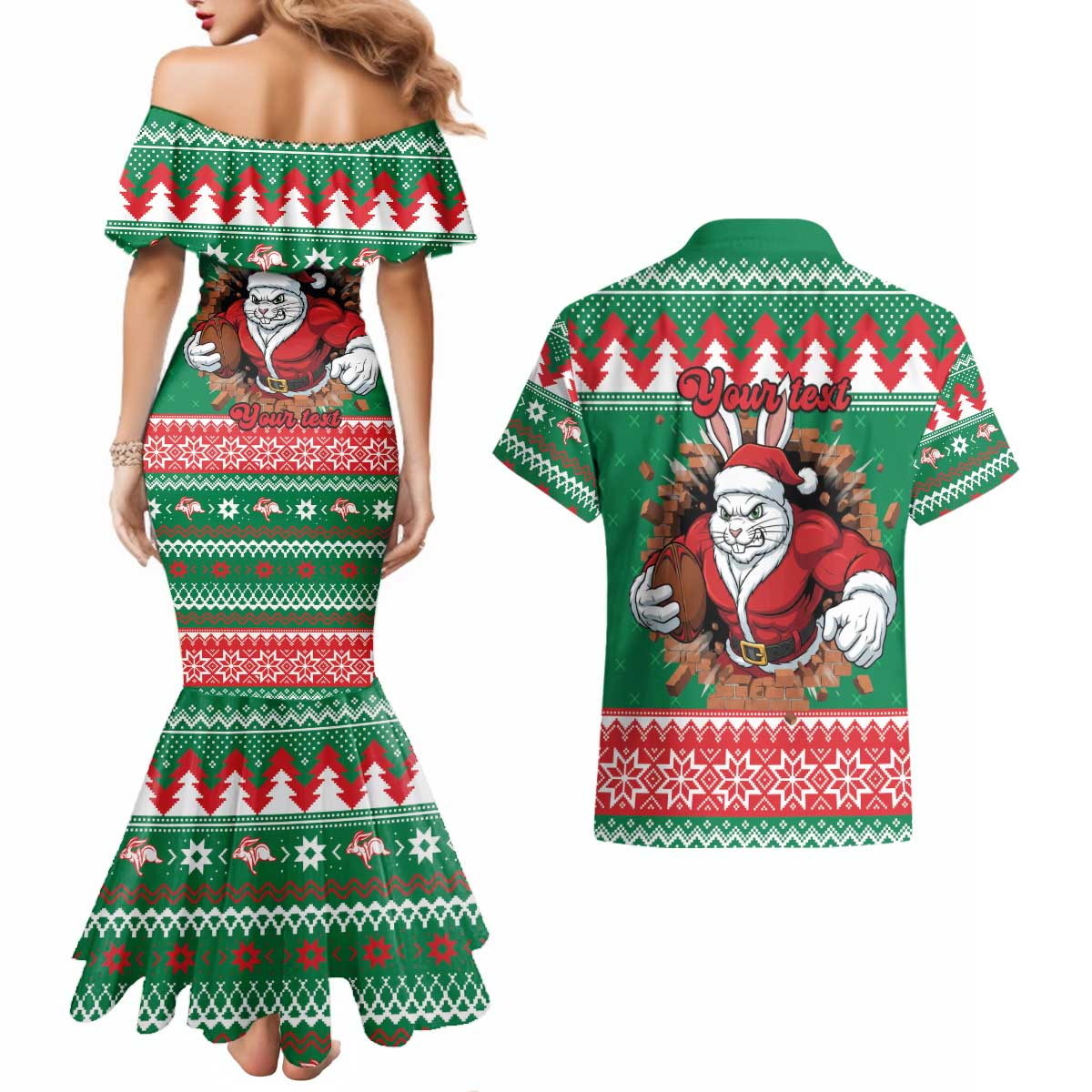 Jingle Rabbitohs Jump Personalized Couples Matching Mermaid Dress and Hawaiian Shirt Christmas Rugby League Spirit - Aussie Hoodie