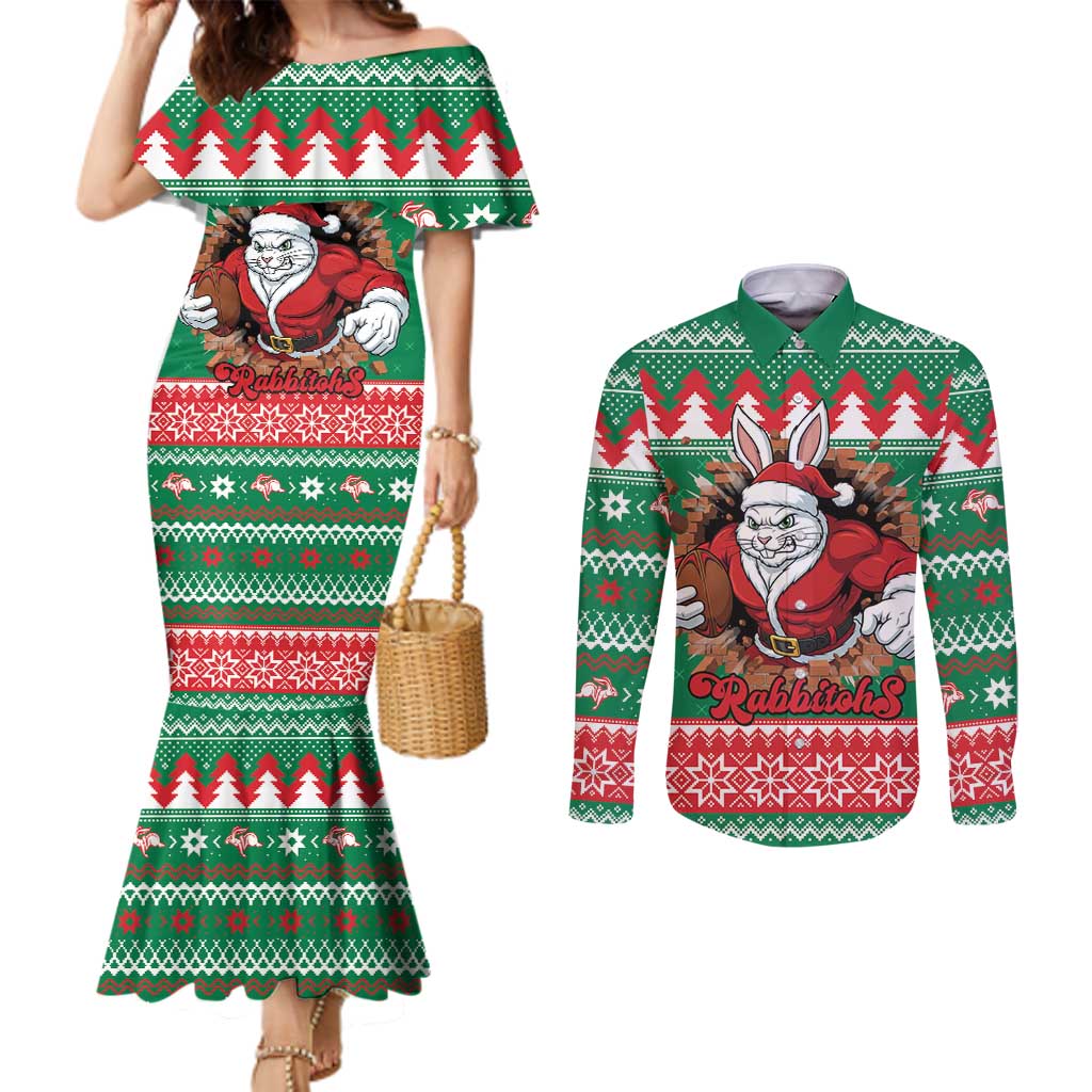 Jingle Rabbitohs Jump Personalized Couples Matching Mermaid Dress and Long Sleeve Button Shirt Christmas Rugby League Spirit - Aussie Hoodie