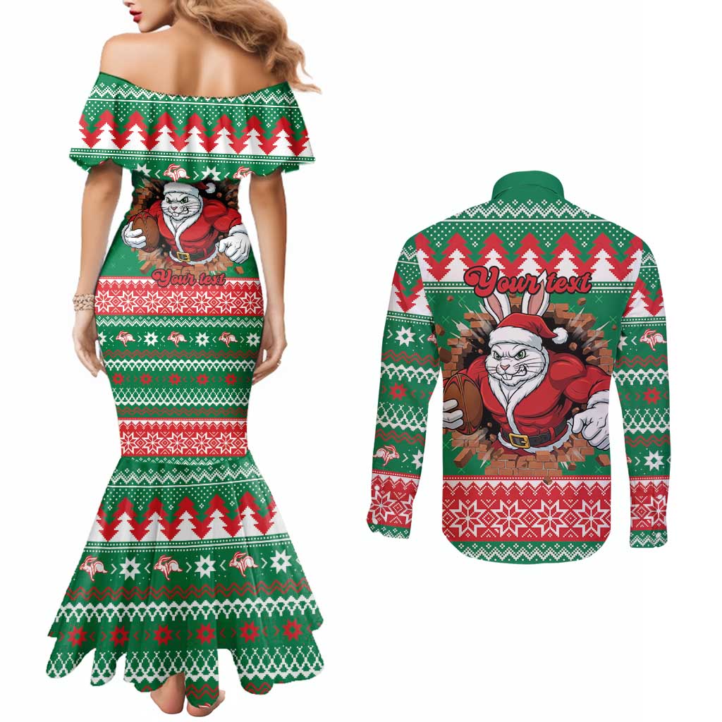 Jingle Rabbitohs Jump Personalized Couples Matching Mermaid Dress and Long Sleeve Button Shirt Christmas Rugby League Spirit - Aussie Hoodie