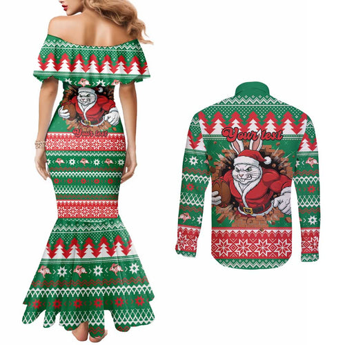 Jingle Rabbitohs Jump Personalized Couples Matching Mermaid Dress and Long Sleeve Button Shirt Christmas Rugby League Spirit - Aussie Hoodie