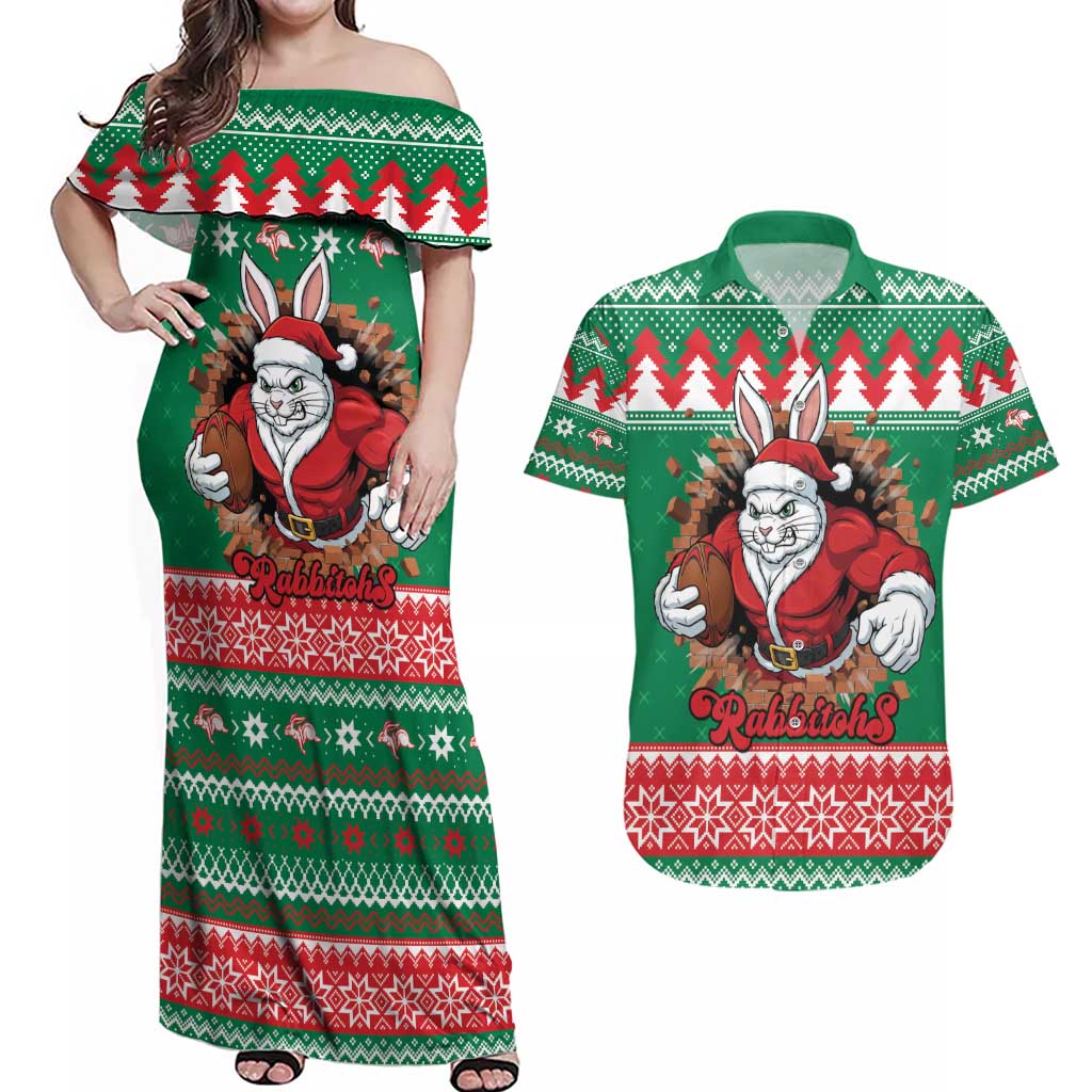 Jingle Rabbitohs Jump Personalized Couples Matching Off Shoulder Maxi Dress and Hawaiian Shirt Christmas Rugby League Spirit - Aussie Hoodie