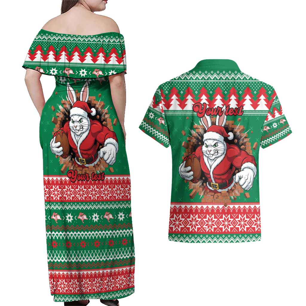 Jingle Rabbitohs Jump Personalized Couples Matching Off Shoulder Maxi Dress and Hawaiian Shirt Christmas Rugby League Spirit - Aussie Hoodie