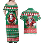 Jingle Rabbitohs Jump Personalized Couples Matching Off Shoulder Maxi Dress and Hawaiian Shirt Christmas Rugby League Spirit - Aussie Hoodie