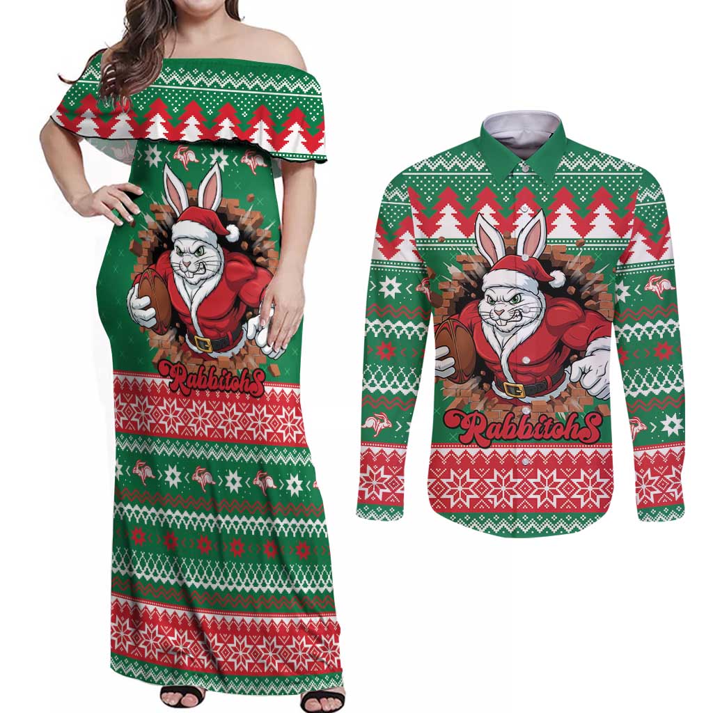 Jingle Rabbitohs Jump Personalized Couples Matching Off Shoulder Maxi Dress and Long Sleeve Button Shirt Christmas Rugby League Spirit - Aussie Hoodie