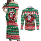 Jingle Rabbitohs Jump Personalized Couples Matching Off Shoulder Maxi Dress and Long Sleeve Button Shirt Christmas Rugby League Spirit - Aussie Hoodie