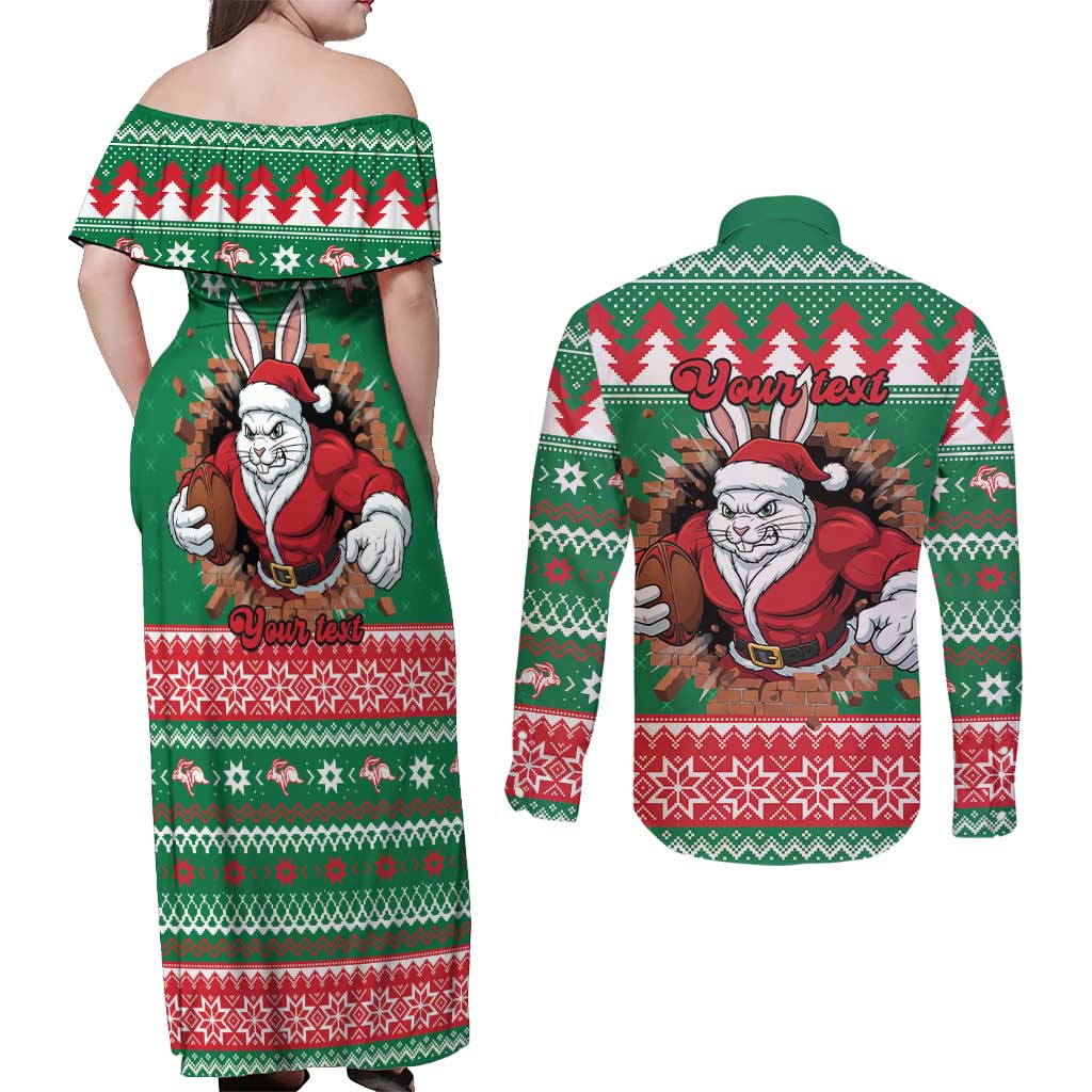 Jingle Rabbitohs Jump Personalized Couples Matching Off Shoulder Maxi Dress and Long Sleeve Button Shirt Christmas Rugby League Spirit - Aussie Hoodie