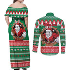 Jingle Rabbitohs Jump Personalized Couples Matching Off Shoulder Maxi Dress and Long Sleeve Button Shirt Christmas Rugby League Spirit - Aussie Hoodie
