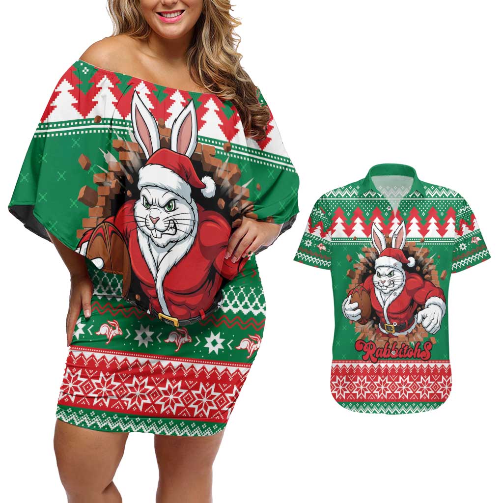 Jingle Rabbitohs Jump Personalized Couples Matching Off Shoulder Short Dress and Hawaiian Shirt Christmas Rugby League Spirit - Aussie Hoodie