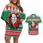 Jingle Rabbitohs Jump Personalized Couples Matching Off Shoulder Short Dress and Hawaiian Shirt Christmas Rugby League Spirit - Aussie Hoodie