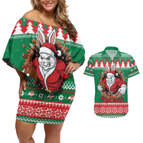 Jingle Rabbitohs Jump Personalized Couples Matching Off Shoulder Short Dress and Hawaiian Shirt Christmas Rugby League Spirit - Aussie Hoodie