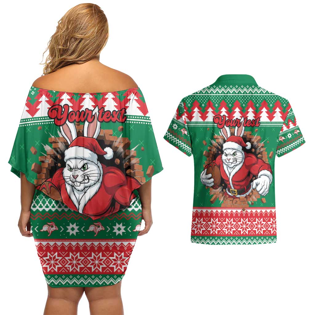 Jingle Rabbitohs Jump Personalized Couples Matching Off Shoulder Short Dress and Hawaiian Shirt Christmas Rugby League Spirit - Aussie Hoodie