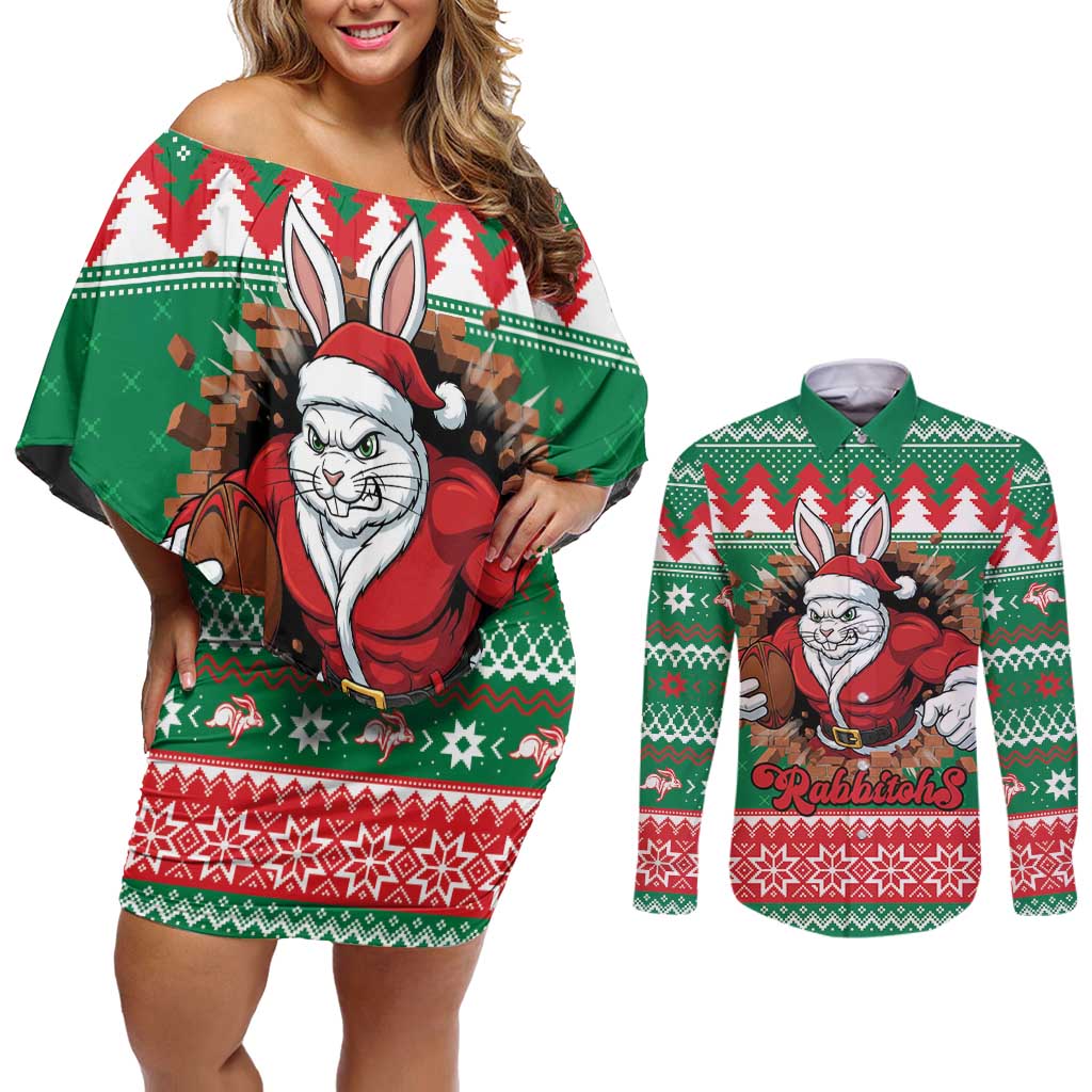 Jingle Rabbitohs Jump Personalized Couples Matching Off Shoulder Short Dress and Long Sleeve Button Shirt Christmas Rugby League Spirit - Aussie Hoodie