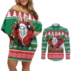 Jingle Rabbitohs Jump Personalized Couples Matching Off Shoulder Short Dress and Long Sleeve Button Shirt Christmas Rugby League Spirit - Aussie Hoodie