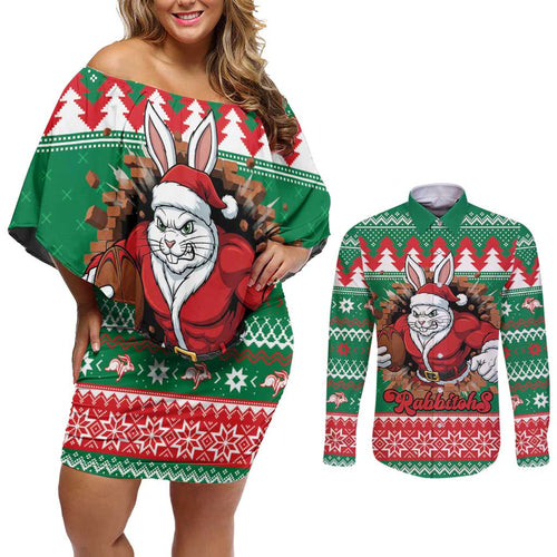 Jingle Rabbitohs Jump Personalized Couples Matching Off Shoulder Short Dress and Long Sleeve Button Shirt Christmas Rugby League Spirit - Aussie Hoodie