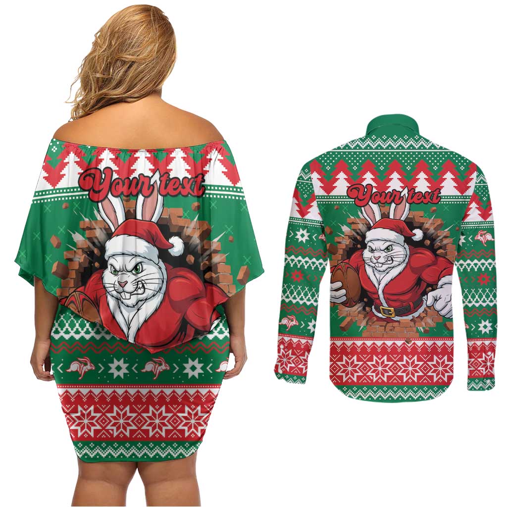 Jingle Rabbitohs Jump Personalized Couples Matching Off Shoulder Short Dress and Long Sleeve Button Shirt Christmas Rugby League Spirit - Aussie Hoodie