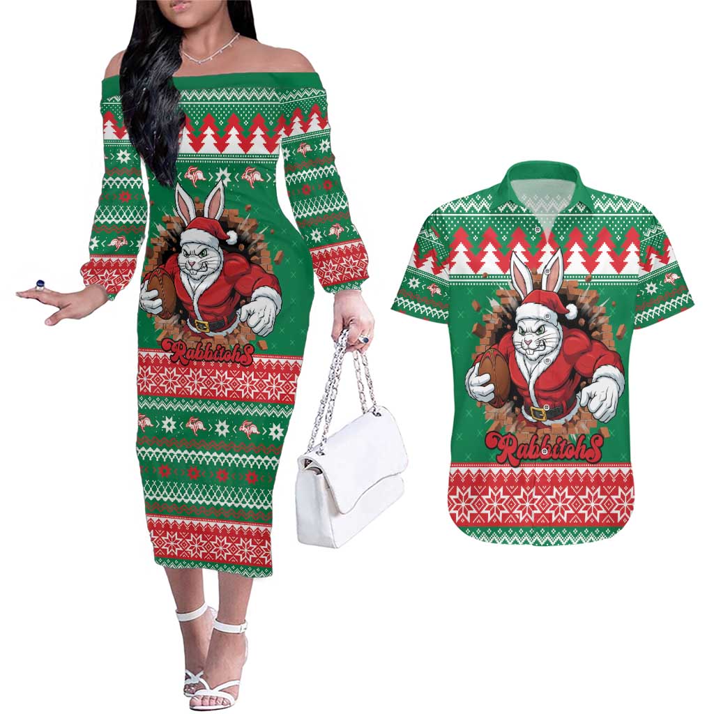 Jingle Rabbitohs Jump Personalized Couples Matching Off The Shoulder Long Sleeve Dress and Hawaiian Shirt Christmas Rugby League Spirit - Aussie Hoodie